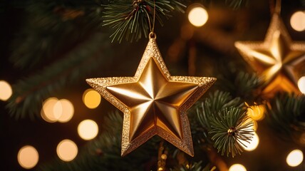 Golden star ornament hangs from a Christmas tree branch illuminated by warm lights during.