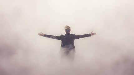 man with his arms stretched out, standing in a dense fog. The fog swirls around his figure in a double exposure effect, emphasizing the connection between the man and the expansive, misty landscape.Do