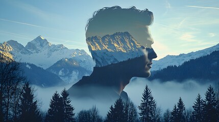 man's profile blended with an image of a foggy mountain range, symbolizing mystery and strength.Double Exposure.[men]:[Fog in nature] 