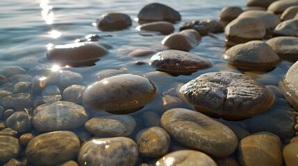 A simple shot of a lakeshore with a variety of round stones, some partially submerged and others glistening in the sunlight.