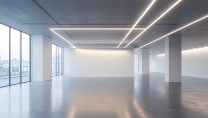 Fototapeta premium Modern Minimalist Office Space: Open Plan Design with City Views and LED Lighting