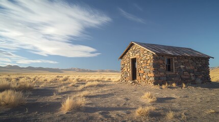 sturdy outpost with fieldstone siding, standing resiliently in a windy desert