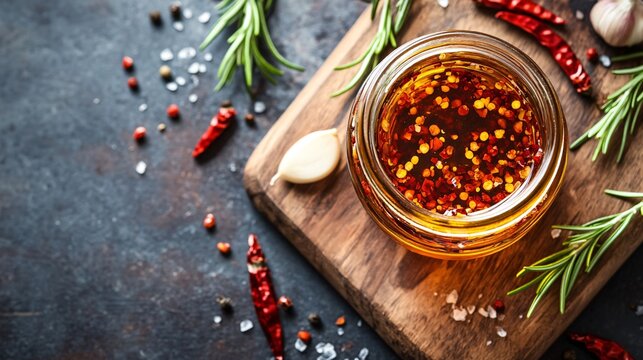 A jar of chili oil on a wooden cutting board, with garlic, rosemary, and chili peppers scattered around