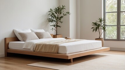 Minimalist white bed  in cozy modern home bedroom. Minimalist white bright room.