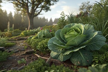 A delicate green cabbage plant with tightly packed leaves grows in a garden bed surrounded by lush vegetation, outdoor, leafy greens, farming