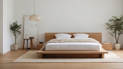 Minimalist white bed  in cozy modern home bedroom. Minimalist white bright room.