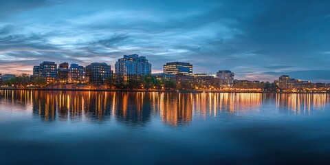 An evening view of Washington, DC with the Potomac River reflecting the skyline and evening lights.