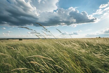 A field of tall grass swaying gently under the wind and clouds, open field, tall grass, natural scenery, wind, clouds