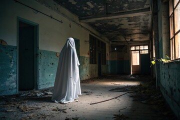A ghostly spectral presence materializes in a dimly lit abandoned chamber, haunting, forgotten