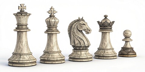 A knight bishop rook queen king and pawn chess pieces drawn in different styles on a plain white background, chess set, colored squares, graphic design