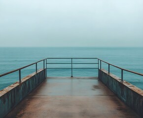 Fototapeta premium An empty pier stretching out to sea, surrounded by calm waters and a peaceful horizon