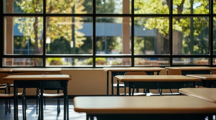 Empty school cafeteria tables during off-peak hours, a serene moment of reflection on the passage of time and the transient nature of youth.