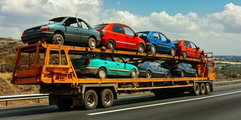 Naklejka premium Car carrier truck loaded with multiple vehicles, driving on a highway.