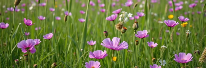 Obraz premium A lush meadow filled with blooming purple poppies and surrounded by tall green grasses and wildflowers, countryside, grasses, natural beauty