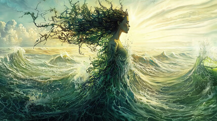 Enigmatic woman emerges from ocean waves coastal landscape digital art surreal environment artistic perspective nature and fantasy fusion