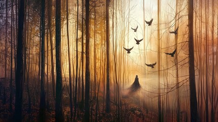 Obraz premium Mysterious figure emerges from enchanted forest at dusk surrounded by birds fantasy scene nature dreamlike atmosphere