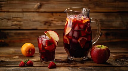 Refreshing red sangria in pitcher and glass. Perfect for menus, websites, or blogs featuring summer drinks and cocktails.