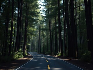 Fototapeta premium A narrow winding road through dense forest with tall trees and dappled shade, natural, winding road, dappled shade