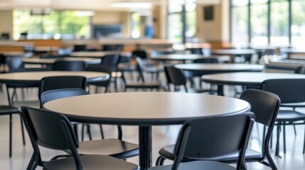 Empty school cafeteria tables during off-peak hours, a serene moment of reflection on the passage of time and the transient nature of youth.
