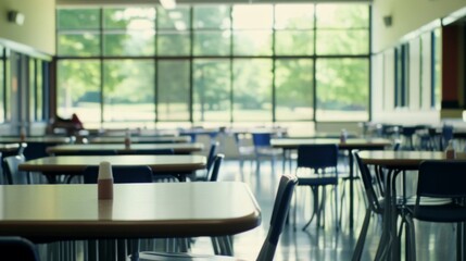 Fototapeta premium Empty school cafeteria tables during off-peak hours, a serene moment of reflection on the passage of time and the transient nature of youth.