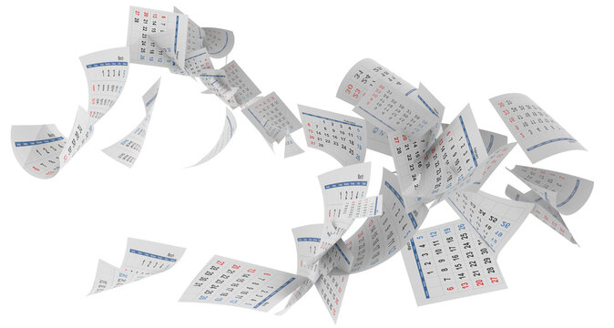 calendar pages flying in the wind cut out for background - 3d rendering