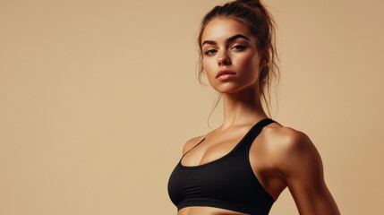 Fototapeta premium Confident Athlete Poses Against a Neutral Background Showcasing Fitness and Strength in an Empowering Fitness Photoshoot