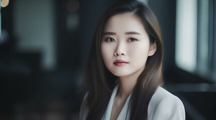 Naklejka premium A Serene Portrait: Young Asian Woman with Dark Hair in a Thoughtful Pose Near Window, Exuding Calmness and Confidence
