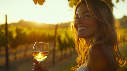 Woman Enjoying a Glass of White Wine in a Vineyard During Sunset While Smiling and Surrounded by Lush Grapevines