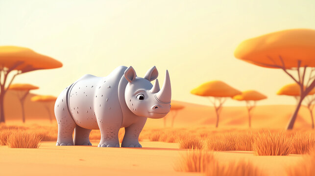 Fototapeta cartoon of rhinoceros in forest background, free space for text