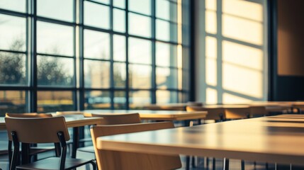 Fototapeta premium Empty school cafeteria tables during off-peak hours, a serene moment of reflection on the passage of time and the transient nature of youth.
