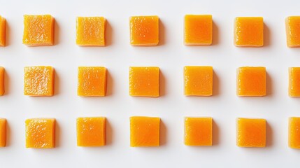Bright Orange Square Fruit Dessert on White Background Artistic Arrangement