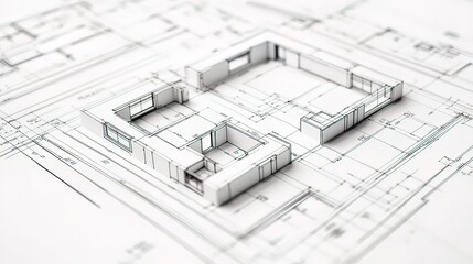 3D model house plan on architectural blueprints.