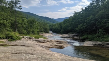 Serene River Landscape Surrounded by Lush Green Mountains and Trees