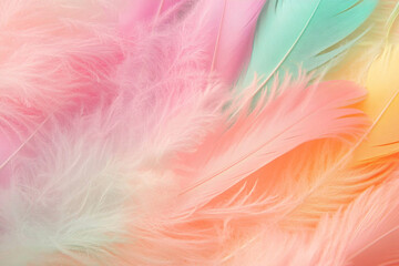 Obraz premium Colorful pastel feathers create soft, abstract background, blending shades of pink, mint, and peach. This serene composition evokes sense of calm and creativity