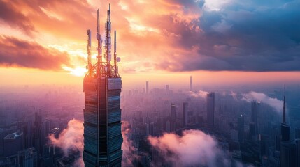 5G network transmitters on the roof of a skyscraper on a background of dramatic sky.