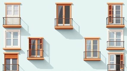 A stylized representation of multiple windows with balconies in a dynamic composition, window balcony arrangement, modern design principles