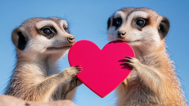 Meerkats Holding a Heart-Shaped Sign While Standing Under a Clear Blue Sky During a Sunny Day in a Natural Habitat