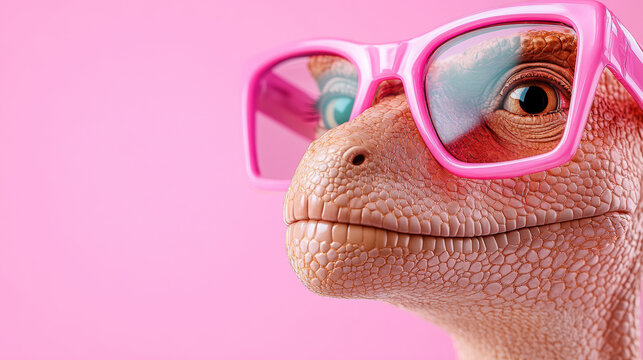 Dinosaur in Pink Glasses Poses Against a Bright Pink Background, Showcasing a Playful and Quirky Character With Unique Personality Traits