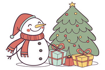 Christmas snowman with many gift boxes and decorated tree