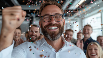 Celebration in the Office With Joyful Colleagues and Confetti During a Team Achievement Event