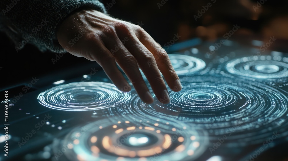 Poster a close-up of a hand touching a digital screen filled with circular data visualizations. the image c
