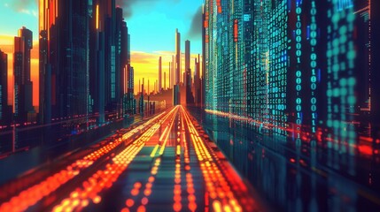 Digital Stream of Binary Code Virtual City Data Visualization Cyber Environment Futuristic Perspective Technology Concept
