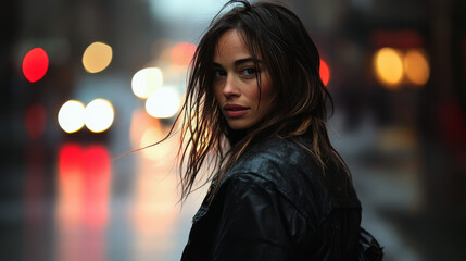 Fototapeta premium Young woman with a blurred background urban setting looking back while walking on rainy street at nighttime