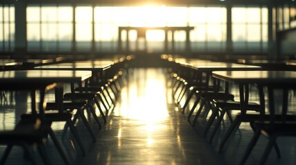 Empty school cafeteria tables during off-peak hours, a serene moment of reflection on the passage of time and the transient nature of youth.