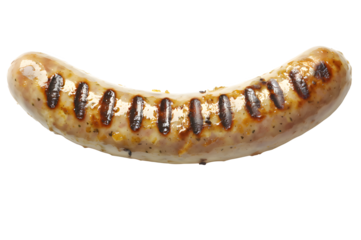 grilled white bratwurst sausage with grill marks on transparent background