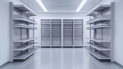 Modern Interior of an Empty Storage Room with Shelves and Lighting