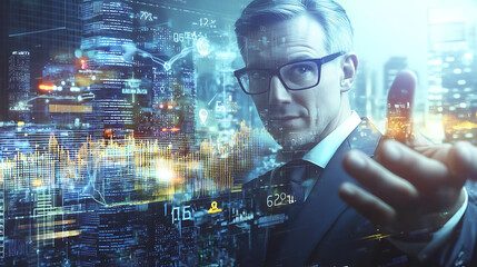 Businessman Aiming for Success in Sales Targets Urban Office Space Digital Environment Futuristic Viewpoint