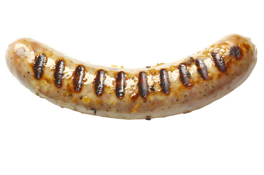 grilled white bratwurst sausage with grill marks on transparent background