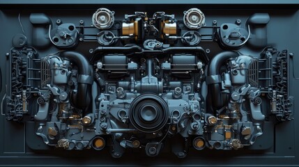 Naklejka premium Industrial Engine Design Close-Up with Detailed Machine Components