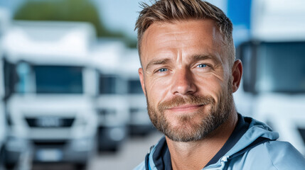 Fototapeta premium Smiling Man Poses in Front of Parked Delivery Trucks in a Logistics Yard During Daytime